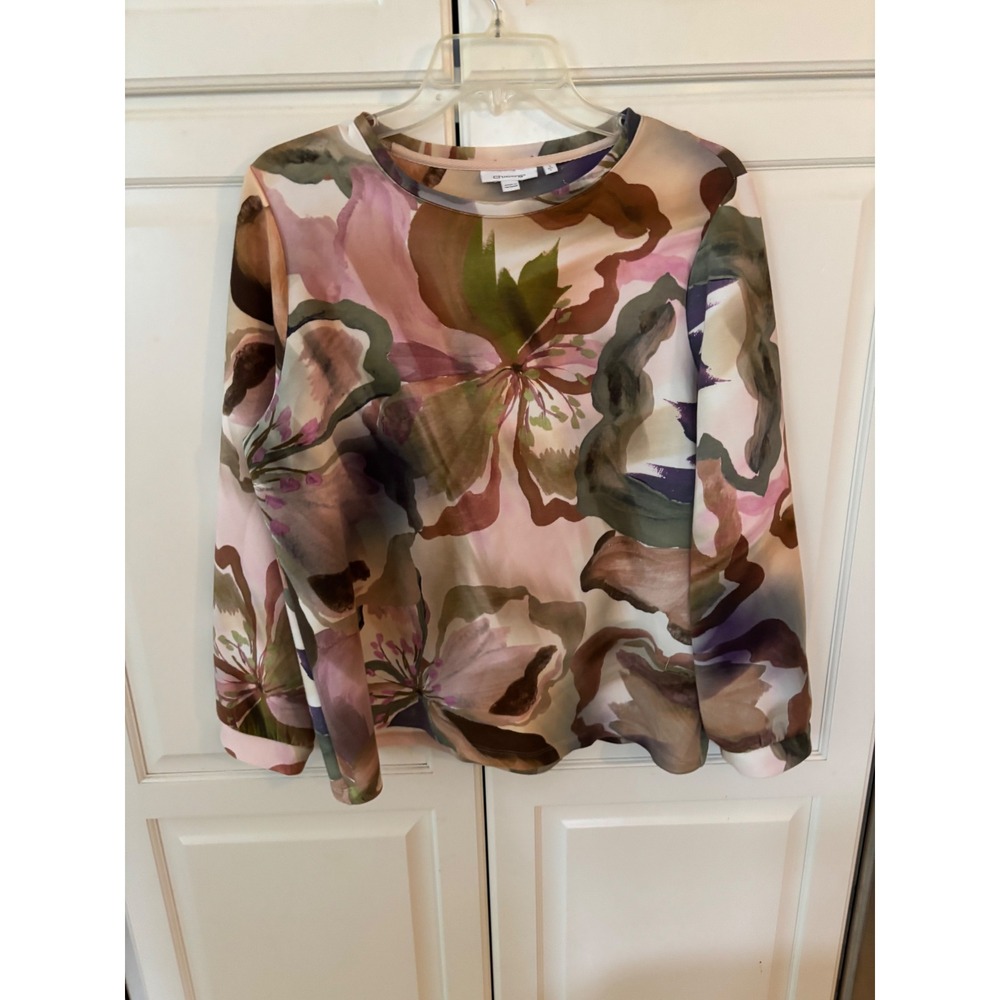 Chico's Watercolor Floral Crewneck Blouse in Pink, Green, Brown